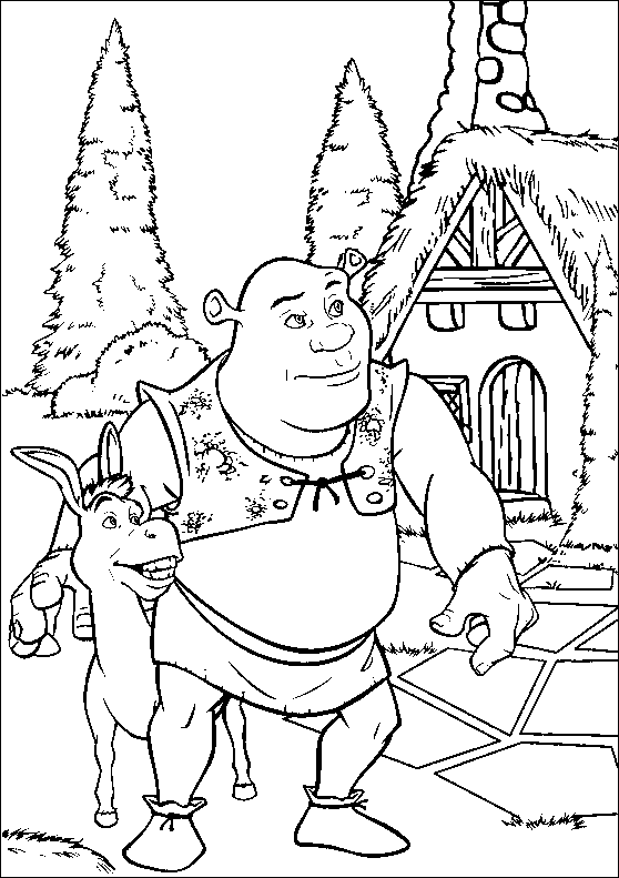 coloriage Shrek devant la cabane